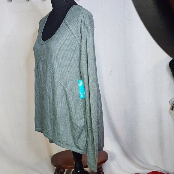 Fringe Studios Green Cotton Poly LS Deep Side Slit High Low Waffle Knit Top Sz M - Picture 7 of 16